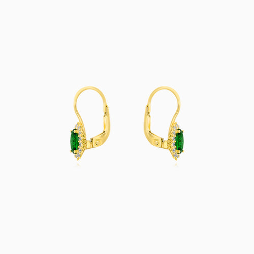 Yellow Gold Emerald Halo Drop Earrings
