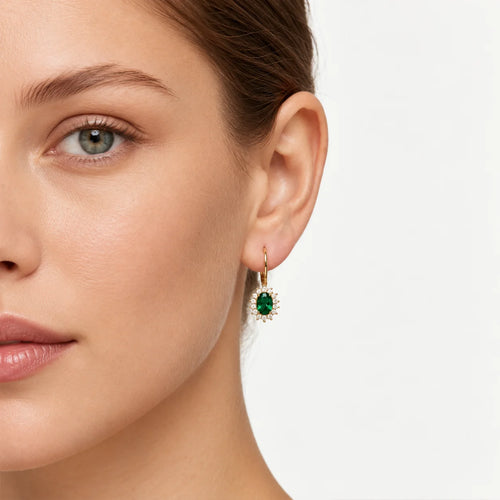 Yellow Gold Emerald Halo Drop Earrings