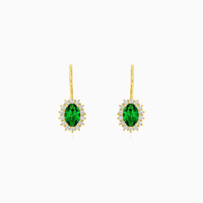 Yellow Gold Emerald Halo Drop Earrings