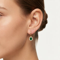 Yellow Gold Emerald Halo Drop Earrings