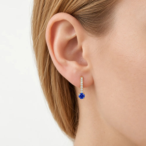 Yellow Gold Blue Sapphire Solitaire Drop Earrings