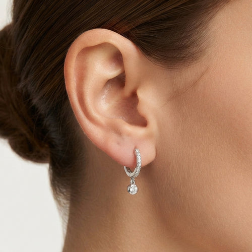 White Gold Huggie Earrings With Round Charm