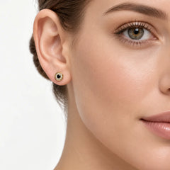 Yellow Gold Black Onyx Halo Stud Earrings