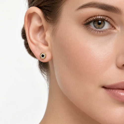 Yellow Gold Black Onyx Halo Stud Earrings