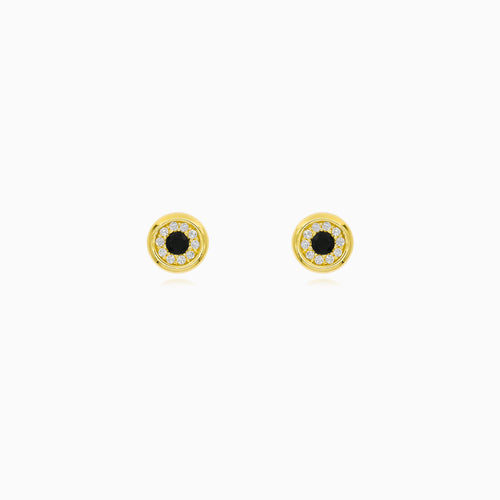 Yellow Gold Black Onyx Halo Stud Earrings