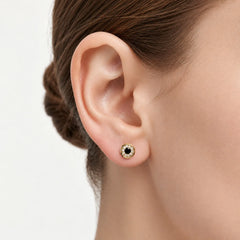 Yellow Gold Black Onyx Halo Stud Earrings