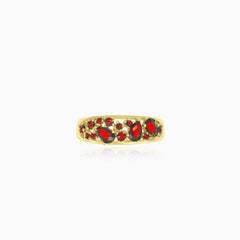 Yellow gold ring with pear and round garnets