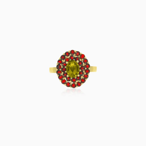 Gemstone duo oval moldavite and round garnet ring