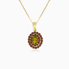 Pendentif duo de pierres précieuses, moldavite ovale et grenat rond
