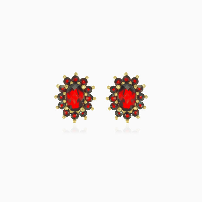 Floral garnet gold stud earrings