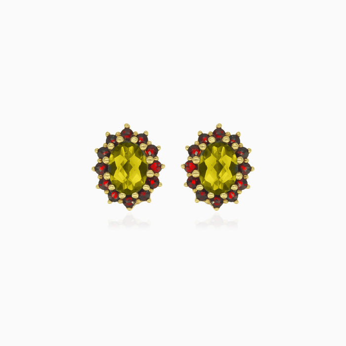 Royal Radiance Tropfenohrringe aus Gold mit ovalem Moldavit und rundem Granatstein