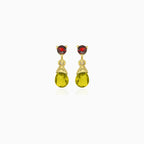 Garnet and moldavite gold drop earrings