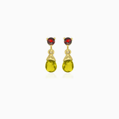 Garnet and moldavite gold drop earrings