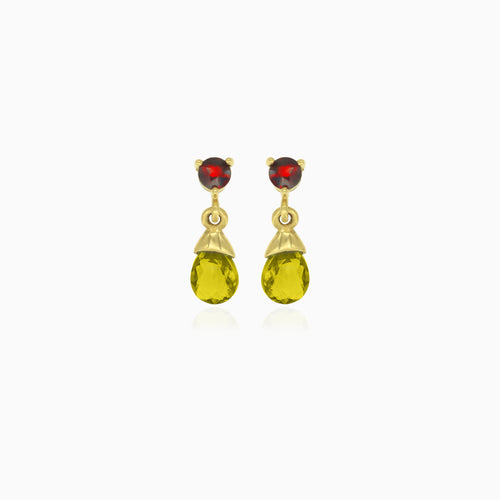 Garnet and moldavite gold drop earrings