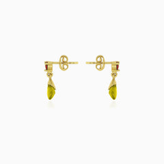 Garnet and moldavite gold drop earrings