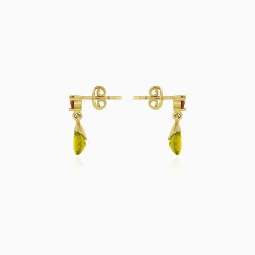 Garnet and moldavite gold drop earrings