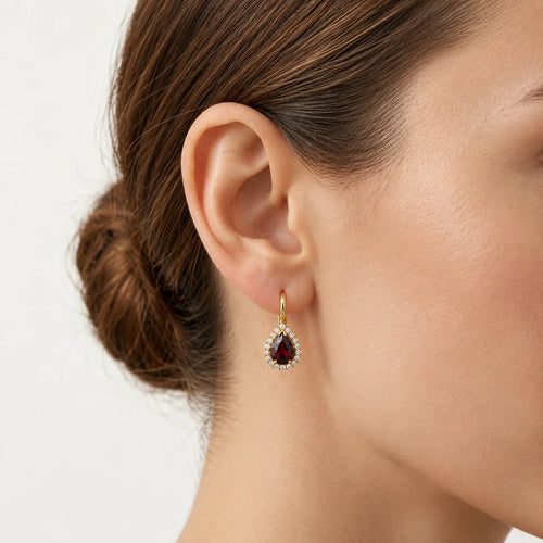 Yellow Gold Pear Garnet Halo Earrings