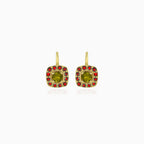 Eternal Radiance drop earrings in gold with  moldavite and garnet