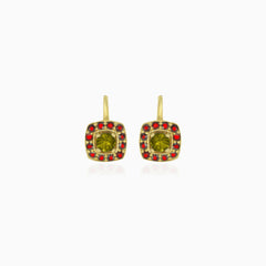 Eternal Radiance drop earrings in gold with  moldavite and garnet