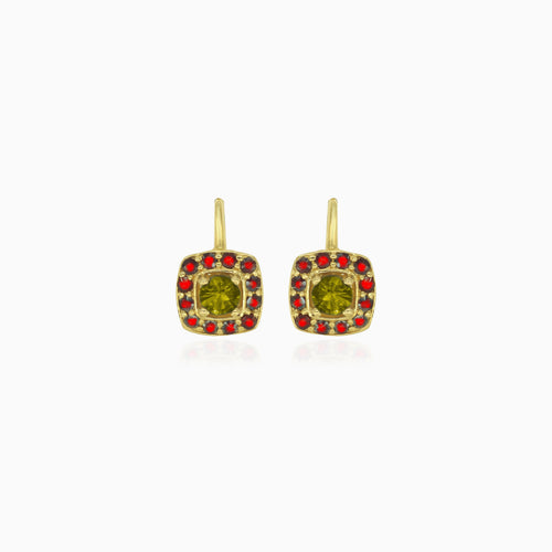 Eternal Radiance drop earrings in gold with  moldavite and garnet