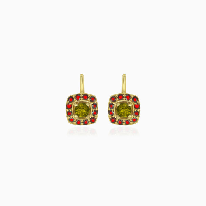 Boucles d’oreilles pendantes Éclat Éternel en or avec moldavite et grenat