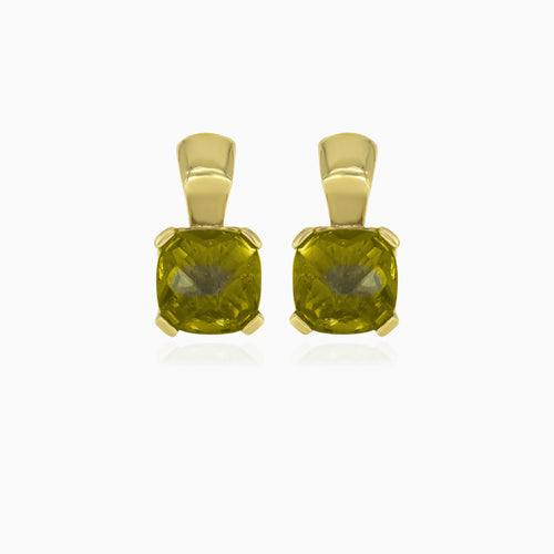 Moldavite cushion gold drop earrings