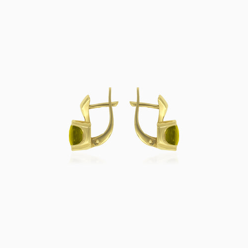 Moldavite cushion gold drop earrings