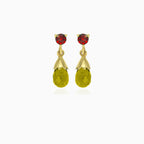 Garnet and moldavite gold dangling earrings