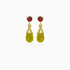 Garnet and moldavite gold dangling earrings