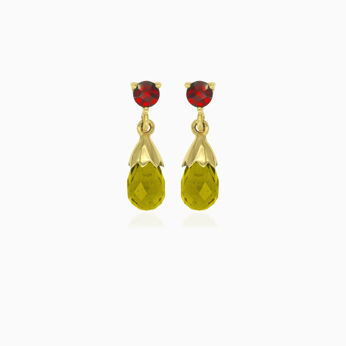 Boucles d’oreilles pendantes en or avec grenat et moldavite