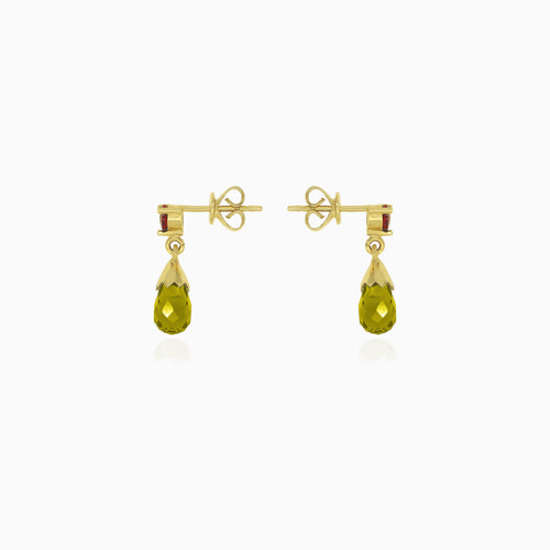 Garnet and moldavite gold dangling earrings