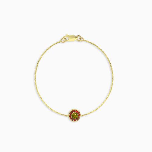 Harmony bracelet in yellow gold with moldavite and  garnet