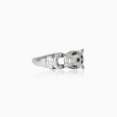 Silver panther ring with emerald eyes and onyx detail