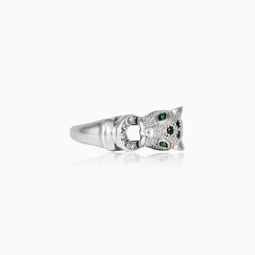 Silver panther ring with emerald eyes and onyx detail