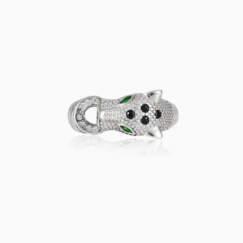 Silver panther ring with emerald eyes and onyx detail