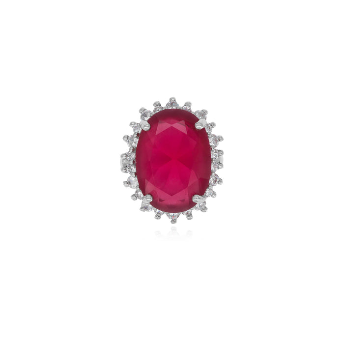 Halo sterling silver ring with oval ruby