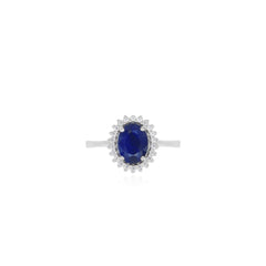 Halo oval cut sapphire on sterling silver ring