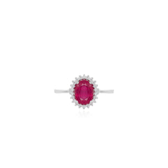 Halo oval cut ruby on sterling silver ring