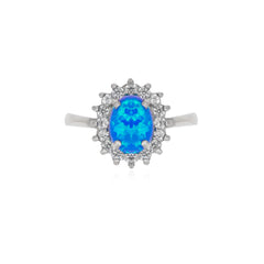 Sterling silver halo ring with blue opal