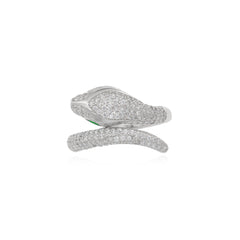 Women silver ring with cubic zirconia and synthetic emerald snake design