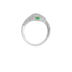 Women silver ring with cubic zirconia and synthetic emerald snake design