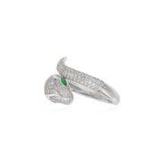 Women silver ring with cubic zirconia and synthetic emerald snake design