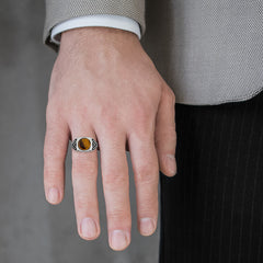 Round cut tigers eye men ring in sterling silver