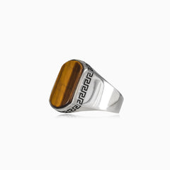 Radiant cut tigers eye men ring with greek pattern