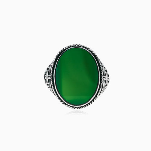 Silver solitaire men ring with oval jade