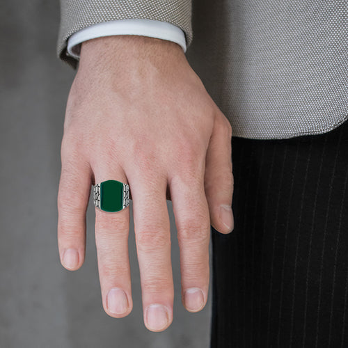 Silver bold ring with radiant jade