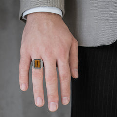 Square cut tigers eye men ring with greek pattern