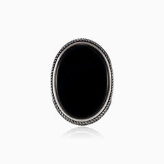 Oval onyx silver men ring with detailed sides