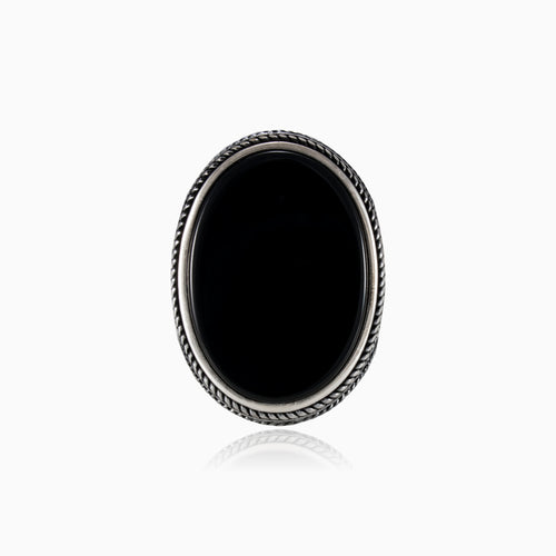 Oval onyx silver men ring with detailed sides