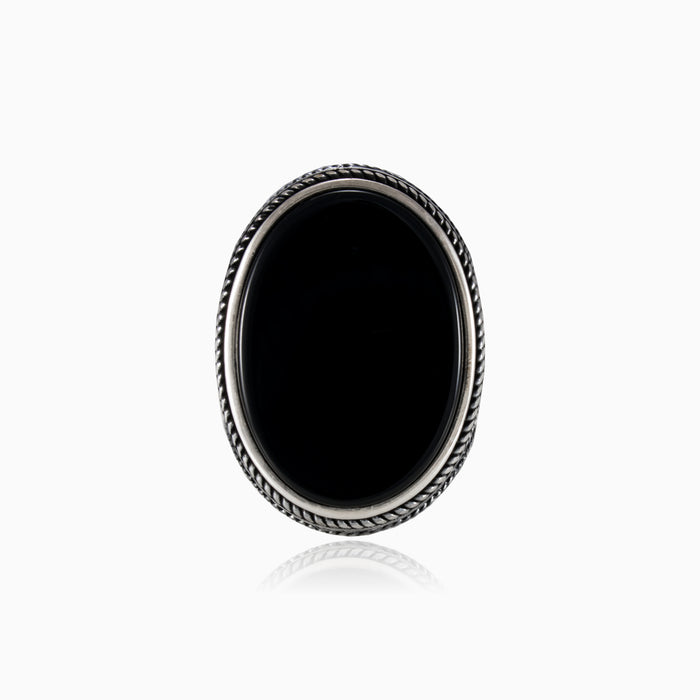 Oval onyx silver men ring with detailed sides